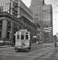 April 1943. Baltimore, Md. "Trolley of 1917 vintage. Many old cars have been reconditioned because of wartime transportation pressure." Medium format negative by Marjory Collins for the Office of War Information. View full size.
