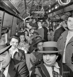 April 1943. "Baltimore, Maryland. Students and workers returning home on a trolley at 5 p.m." Please leave by rear door! Medium format nitrate negative by Marjory Collins for the Office of War Information. View full size.