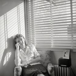 June 1943. Arlington County, Va. "Arlington Farms, war duration residence halls. A room at Idaho Hall." Sunny yet noirish photo by Esther Bubley. View full size.