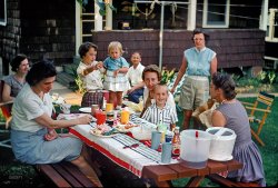 &nbsp; &nbsp; &nbsp; &nbsp; We dedicate this golden (Kodachrome) oldie to picnic-partakers everywhere. Happy Memorial Day from Shorpy!
June 1960 somewhere in Maryland. "Picnic in yard." Janet, of Kermy and Janet, pointing at the camera. Who wants more potato salad? View full size.