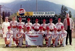 An oddball photo that turned up in the album with the football team. It obviously didn't belong there. Not sure what year this is, looks like late 50's early 60's. Pepsi Cola hits the spot but this team was sponsored by 7-Up. View full size.