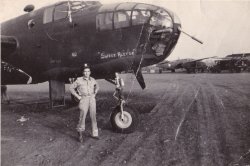 A former beau of my late mother in law, Aloyse Aubrey; she did NOT marry him.  I have forgotten his name, but the back of the photo says: "B-25c #42-64513, 'Rafisque' Army Air Base, Dakar, W. Africa, 4/26/43." It looks like this is one of the stops used to ferry bombers to the North African theater. It also looks like this airman didn't put a lot of time into painting the nose of his bomber. View full size.