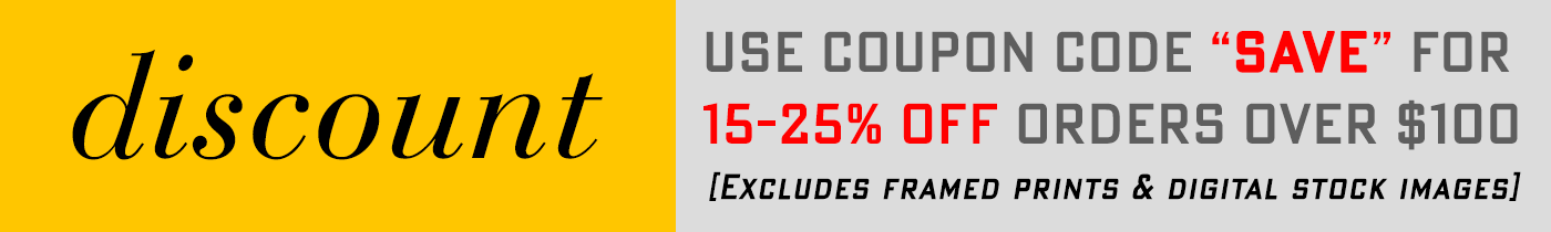 Banner with text: Discount. USE COUPON CODE 'SAVE' FOR 15-20% OFF ORDERS OVER $100 (EXCLUDES FRAMED PRINTS and DIGITAL STOCK IMAGES)